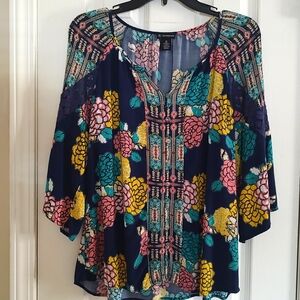New Directions Navy Floral Blouse